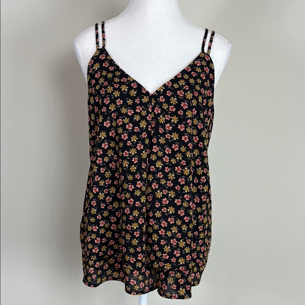 Pleione Anthropologie Double Layer Chiffon‎ Floral Blouse Black Size Small